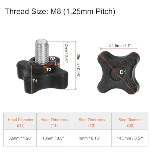 HARFINGTON 6pcs Star Clamping Knobs M8 x 12mm Metric Male Thread 32mm 4-Point Plastic Head Threaded Stud Knob Hand Tightening Thumb Screw Jig Handle, Black - size: M8 x 12mm x 32mm
