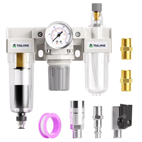 TAILONZ PNEUMATIC 1/4 Inch NPT Automatic Drainage 3 in 1 Oil Air Pressure Regulator Filter AC2000-02D（0-150PSI） with Lubricator Cup for Air Tools System - color: Automatic/3 in 1, size: 1/4"NPT