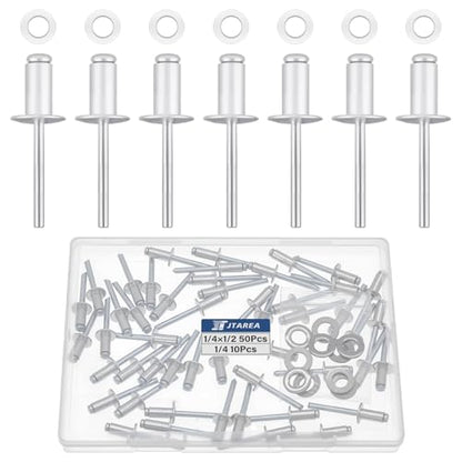 60pcs 1/4" x 1/2" Silver Aluminum Pop Rivets with Stainless Steel Washers 6.4 x 12.7mm Blind Rivet Assortment Kit - size: 1/4*1/2
