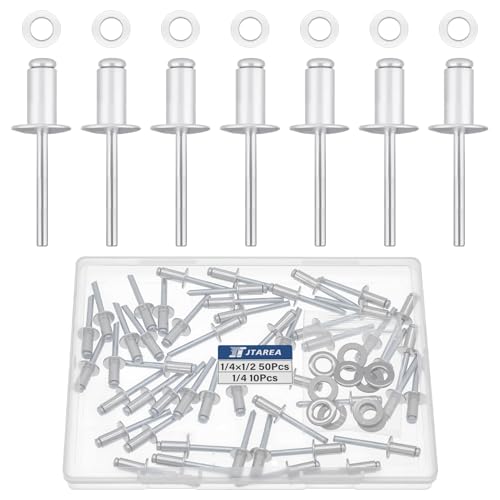 60pcs 1/4" x 1/2" Silver Aluminum Pop Rivets with Stainless Steel Washers 6.4 x 12.7mm Blind Rivet Assortment Kit - size: 1/4*1/2