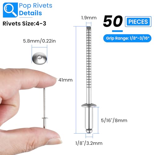 SDTC Tech Stainless Steel Blind Rivets 1/8" x 5/16", 4-3 Open End Type - size: 4-3 50pack