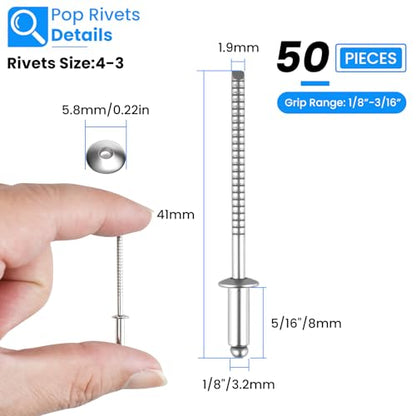 SDTC Tech Stainless Steel Blind Rivets 1/8" x 5/16", 4-3 Open End Type - size: 4-3 50pack
