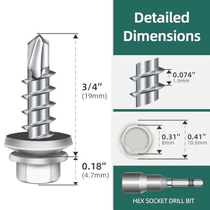 100-pack #10 x 3/4 Hex Head Self-Drilling Metal Roofing Screws with EPDM Washer, White Coated Wood Screws, Self Tapping Sheet Metal Roof Screws (Diamond Point) - color: White, size: #10 x 3/4"