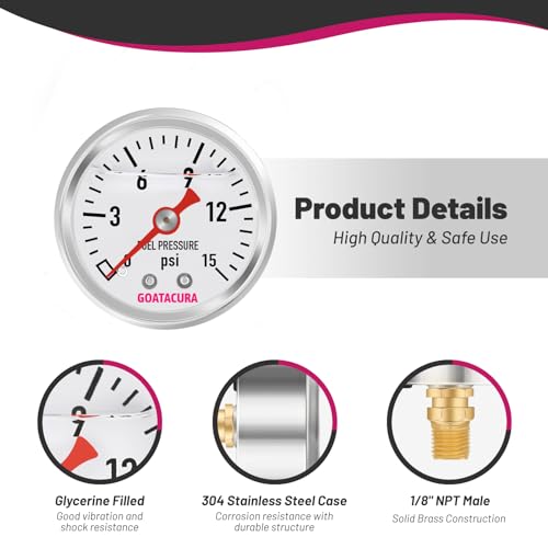 0-15psi Glycerin Filled Fuel Pressure Gauge, 1-1/2" Dial Size, 304 Stainless Steel Case, 1/8" NPT Center Back Mount, with High Accuracy, for Measuring Fuel Pressure - size: 0-15psi, style: Back Mount