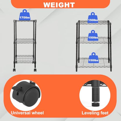 PayLessHere | 3-Tier Wire Shelf with Wheels | 23"x13"x31" | Black - color: Black, size: 23"D x 13"W x 31"H