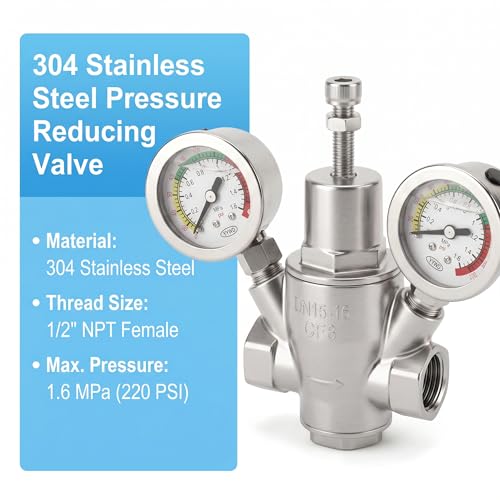 MEANLIN MEASURE 1/2" Piston Water Pressure Reducing Valve, DN15, 304 Stainless Steel Adjustable Pressure Regulator with Dual 0-220 PSI Gauges, for Home Plumbing, Industrial Water Pipe System