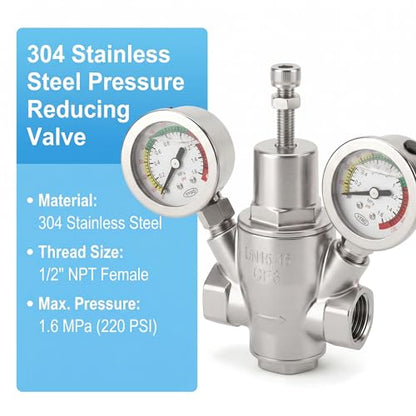 MEANLIN MEASURE 1/2" Piston Water Pressure Reducing Valve, DN15, 304 Stainless Steel Adjustable Pressure Regulator with Dual 0-220 PSI Gauges, for Home Plumbing, Industrial Water Pipe System