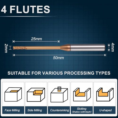 Carbide End Mill 2mm Dia 25mm Cut L 50mm L 4mm Shank 4 Flute - size: 2mm Dia - 25mm CL - 50mm L - 4mm Shank