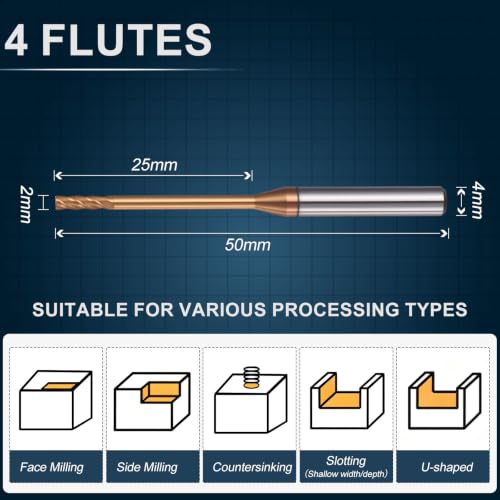 Carbide End Mill 2mm Dia 25mm Cut L 50mm L 4mm Shank 4 Flute - size: 2mm Dia - 25mm CL - 50mm L - 4mm Shank