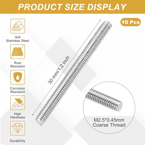 uxcell 10Pcs Fully Threaded Rod M2.5 x 0.45mm Pitch 30mm/1.2 Inch Threaded - size: M2.5x0.45mmx30mm