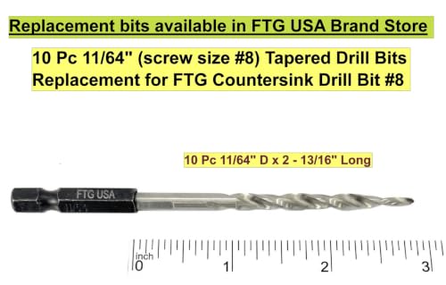 FTG USA 3-Pk #8 (11/64") Countersink Drill Bit Set, 1 Stop, 1 Wrench & Case - size: #8, style: 3 Pc with Depth Stop and Case
