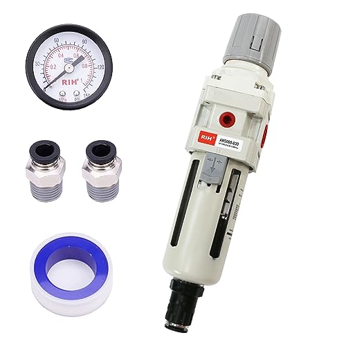 RIH 3/8"NPT Auto Drain Air Filter Pressure Regulator Combo Piggyback, 5 Micron Brass Element, Poly Bowl, Metal Bracket, 0-150 psi Gauge Air Tool Compressor Filter with Gauge (3/8"NPT Auto Drain) - size: 3/8"NPT Auto Drain