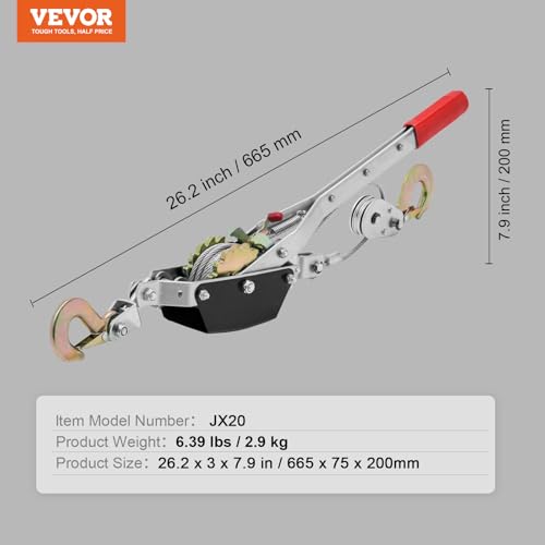 VEVOR Come Along Winch, 2 Ton (4,409 lbs) Pulling Capacity, 12 ft Steel Cable, 2 Hooks, Heavy Duty Ratchet Power Puller Tool with Dual Gears, Automotive Hoist Cable Puller Ideal for Vehicle Rescue - size: 2 Ton