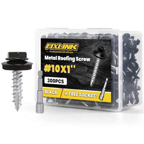 Metal Roofing Screws #10 × 1", 300 PCS, FIXLINK Baking Paint Hex Head Rubber Washer Sheet Metal Roof Screws Self Tapping Metal to Wood Siding Screws, Hex Socket Included, Black - color: Black, size: #10 x 1"