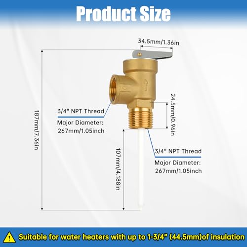 210°F 150 Psi Temperature and Pressure Relief Valve Automatic with Extension Probe and Lever, 3/4"NPT Pressure Relief Valve, All Brass Body, CSA LISTED