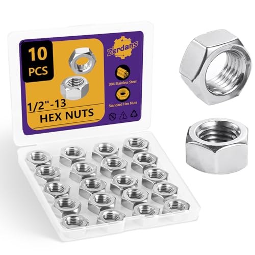 10Pcs SAE 1/2"-13 Hex Nut Set 304 Stainless Steel - size: 10Pcs-1/2"-13