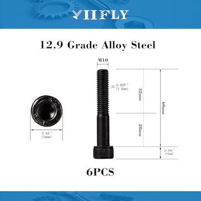 M10-1.5 x 60mm Socket Head Cap Screws, M10x1.5 Bolt, 12.9 Grade Alloy Steel, Allen Socket Drive, Black Oxide Finish, Half Thread, Quantity 6 - size: M10 x 60mm(6PCS)