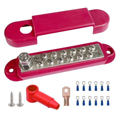Ampper 1/4" Stud Power Distribution Block Bus Bar 12 x #8 Screw Kit, Red - color: Red, size: Plated Brass Kit