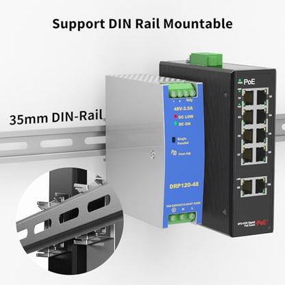 Industrial 8-Port Full Gigabit POE+ Switch with Industrial DIN-Rail Power Supply, 2 Gigabit Uplink Port, Total 120W Budget, DIN-Rail POE Switch for IP Cameras, VoIP Phones, Wireless APs