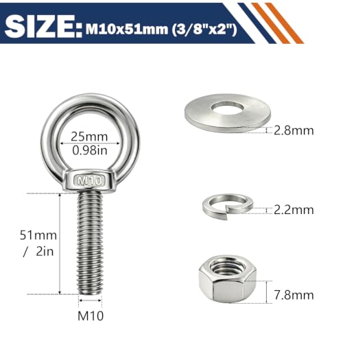 4 Pack M10 Stainless Steel Eye Bolts with Nuts, 3/8"x2" Long Lifting Ring Eye Bolt,Eye Bolts Heavy Duty for Hang Tie Down Outdoor (4, M10x51mm (3/8"x2")) - size: M10x51mm (3/8"x2")