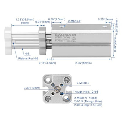 Baomain Pneumatic Compact Air Cylinder, Bore 12mm Stroke 30mm Guide Rod Type Directly Mounted Double Acting CDQMB12-30