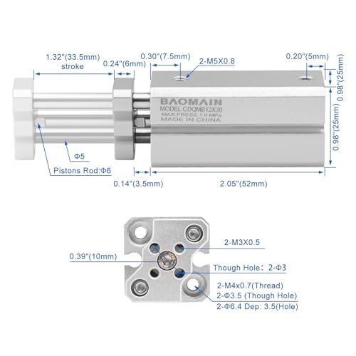 Baomain Pneumatic Compact Air Cylinder, Bore 12mm Stroke 30mm Guide Rod Type Directly Mounted Double Acting CDQMB12-30