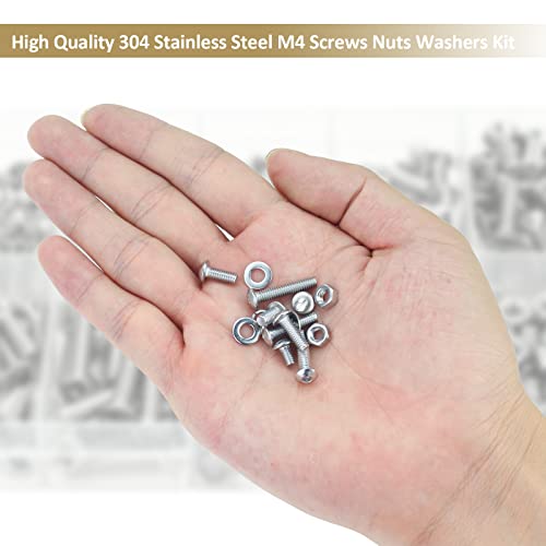 382 Pieces M4 x 5/6 /8/10 /12/16 /20mm Button Head Socket Cap Screws Nuts Washers Assortment Kit, 304 Stainless Steel, Fully Machine Thread - size: M4, style: Button Head
