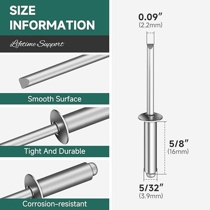 300 Pcs 5/32" x 5/8" Aluminum Blind Pro Rivets, 4 x 16mm Pop Rivets, 5/32 Rivet Aluminum Grip and Steel Mandrel - color: Silver, size: 5/32" x 5/8"