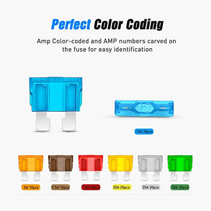 Nilight - 50030R 120 pcs Standard Blade Fuses 5A/7.5A/10A/15A/20A/25A/30A AMP Assorted Set With 5 Pack 12AWG ATC/ATO Inline Fuse Holder, 2 Years Warranty - color: 120Pcs ATC/ATO Fuse + 12AWG Holder 5