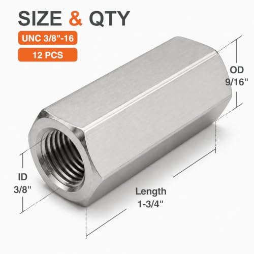 12 Pack 3/8-16 UNC Coupling Nuts, 304 Stainless Rod Couplers - color: Stainless Steel, size: 3/8-16 x 1-3/4"