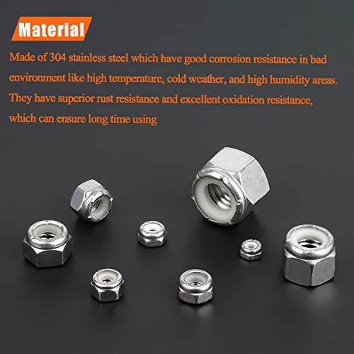 HELIFOUNER 225 Pieces 8 Sizes Nylon Insert Hex Lock Nut Assortment Kit, 304 Stainless Steel (#4-40 to 1/2"-13) - size: #4-40 to 1/2"-13 (225 pcs)