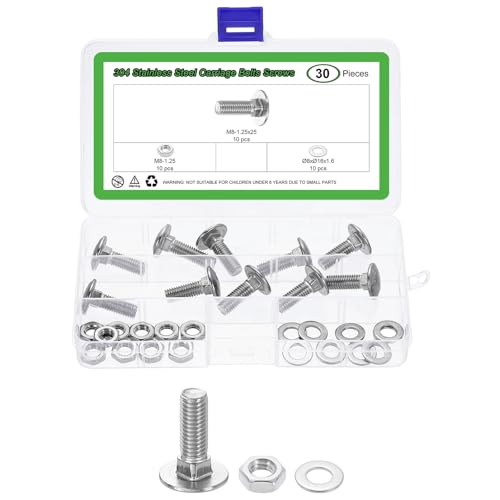uxcell 10 Set Carriage Bolts and Nuts Kit, M8-1.25x25 Stainless Steel 304 Round Head Square Neck Carriage Bolts Screws and Hex Nuts and Flat Washers - Silver - size: M8-1.25x25mm