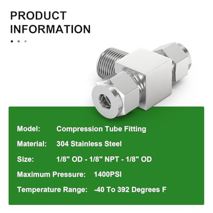 TAISHER 2PCS 304 Stainless Steel Compression Tube Pipe Fitting Connector, 1/8" Tube OD x 1/8" NPT Male x 1/8" Tube OD Tee Adapter - size: 1/8" OD x 1/8" MNPT x 1/8" OD Tee