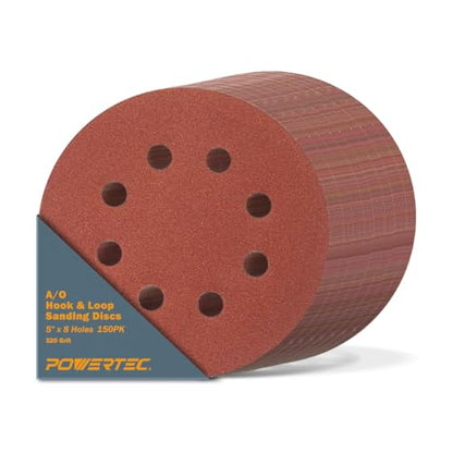 POWERTEC 150PK, 320 Grits, Sanding Discs 5 Inch - Hook and Loop, 5 Inch 8 Hole Aluminum Oxide Sandpaper Discs, Woodworking Sanding Pads for Random Orbital, Palm, Air, DA & Pneumatic Sander (45032-P6) - style: 320 Grit, 150PK