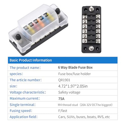 6-Way 12V Fuse Box Blade, 6-Volt Fuseholder, No LED Indicator, Moisture Resistant Cover - with Ground Bus 6-Way Independent Positive Fuseholder for DC 12V/24V Cars, Car Trucks, Boats, Marine Vehicles - size: 6 Way