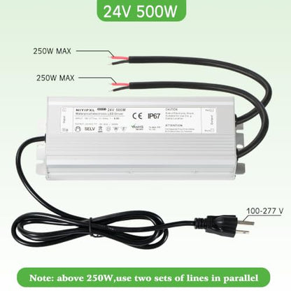 LED Driver 500 Watts(250W X2) 24V DC Transformer，Waterproof IP67 Power Supply, Adapter with 3-Prong Plug 4.9 Feet Cable for Any DC led Lights, Computer Project, Outdoor Light - size: PFH-500W-24V