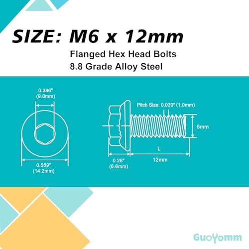 M6 x 12mm 25pcs Flanged Hex Head Bolts, M6 x 1.0 Bolts, Flange Hexagon Head Screws, 8.8 Grade Alloy Steel, Yellow Zinc Plated, Metric Fully Thread - size: M6 x 12mm(25PCS)