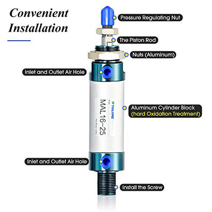 TAILONZ PNEUMATIC 16mm Bore 25mm Stroke Air Cylinder Double Action with Y Connector and 2Pcs 6mm Fitting MAL16x25 - size: 16mm Bore 25mm Stroke
