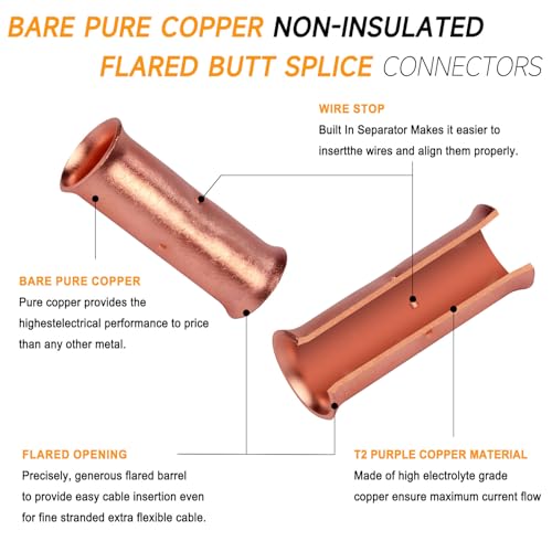 SVAAR 24-18 Gauge Flared Barrel Butt Splice Connectors Kit 100PCS 24-18 AWG Non-Insulated Butt Connectors Bare Copper Flared Compression Butt Splices Crimp Butt Terminals+100PCS 3:1 Heat Shrinks - color: Bare Copper