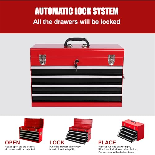 Heavy Duty Metal Tool Box, 21-inch, Portable Metal Tool Box with 4 Drawers, Small Tool Chest with EVA Liners, Ball Bearing Slide Drawers Locking & Powder Coated Finish, Multi-Function Tool Organizer - color: Tool Box-black&red