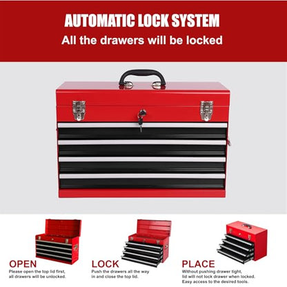 Heavy Duty Metal Tool Box, 21-inch, Portable Metal Tool Box with 4 Drawers, Small Tool Chest with EVA Liners, Ball Bearing Slide Drawers Locking & Powder Coated Finish, Multi-Function Tool Organizer - color: Tool Box-black&red