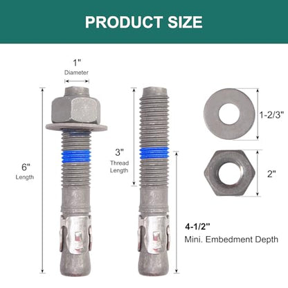 1" x 6" Concrete Anchors (5 Pack) 1 inch Wedge Anchors Bolts Hot Dip Galvanized - size: 1"x6" (5 PCS)