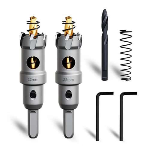 Metal Hole Saw 7/8''(22mm) 2Pcs Set Heavy Duty Tungsten Carbide Tipped Hole Cutters Set with a nitrided Step Drill and L-flench, for Steel Iron,Aluminum,Stainless stell,Plastic - size: 7/8''(22mm)-2PCS