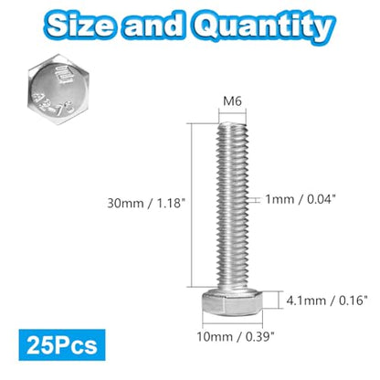 25 Pcs M6 Hex Bolts M6-1.0 x 30mm Hex Head Screw Bolt - size: M6-1.0 x 30mm