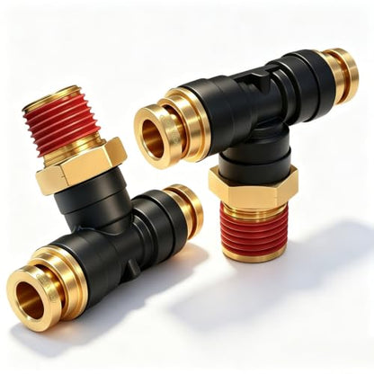 DOT Air Brake Line Tee Fittings, Quick Push to Connect Air Hose Fitting - size: 3/8" OD & 1/4" NPT