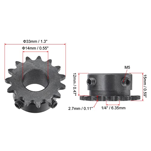 uxcell 15 Tooth Roller Sprocket B Type, #25 Chain, Single Strand 1/4" Pitch, 14mm Bore Black Oxide C45 Carbon Steel with Set Screws for ISO 04C - size: 14mm