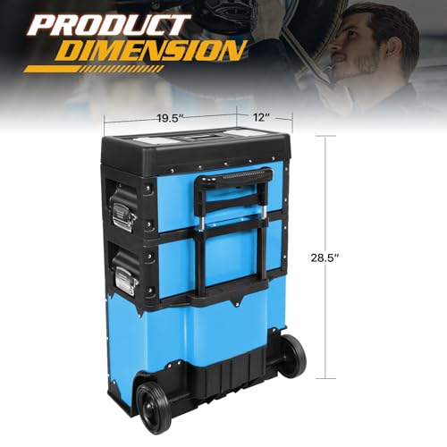 Magshion Heavy-Duty Rolling Tool Box, 3-Tier Stackable Tool Chest System with Wheels & Drawers, Modular Organizer for Small Parts and Tools, Mobile Garage Workshop Storage in Black/Blue - color: Black/Blue