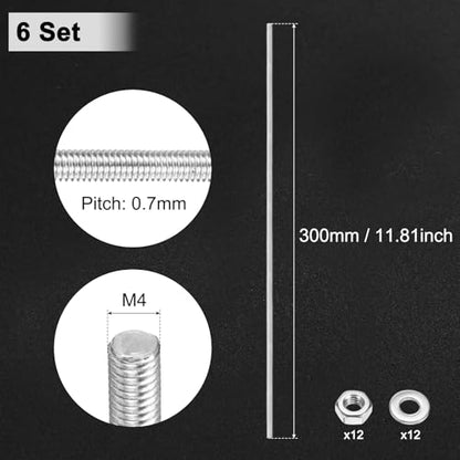 M METERXITY 6Pcs Fully Threaded Rod M4x300mm Right Hand Thread Bar Studs - size: M4x300mm