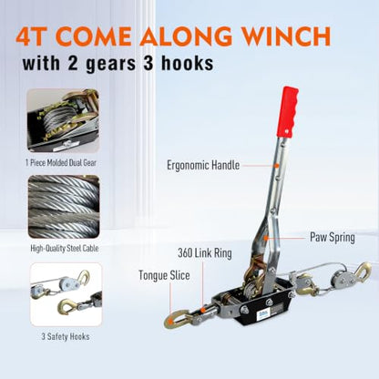 Come Along Winch 4T/8820 lbs Capacity,Come Along Tool with Dual Gears - size: 8800 lbs