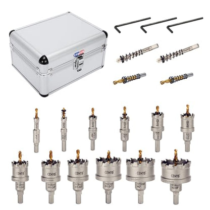 12Pcs (13-54mm) TCT Carbide Hole Saw Kit for Hard Metals. Includes 2 Titanium, 1 Stepped Pilot Drill Bit, and 2 Hex Keys. Ideal for Stainless Steel, Iron, Aluminum, Alloys, and Other Metals - size: 12 in 1(13-54mm)
